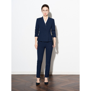 Women's Navy Blue V-Neck Suit Set Elegant Blazer Pants Anti-Wrinkle Worsted Commute Style - Product Image 5