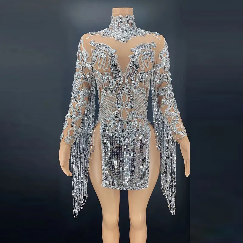 Rhinestone Tassel Latin Dance Dress Sexy Women Elastic Mesh Net Perspective Crystal Leotard Singer Stage Outfit