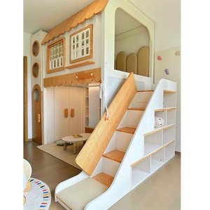 <span class=keywords><strong>Lit</strong></span> <span class=keywords><strong>mezzanine</strong></span> pour enfants JS Fashion, design simple couleur bois, structure en bois massif durable avec toboggan, <span class=keywords><strong>armoire</strong></span> de rangement et penderie - Product Image 2