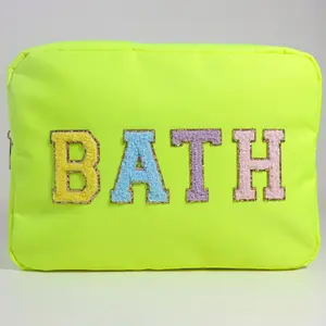 Portable Travel Wash Pouch Large Capacity Travel Bath Embroidered Patch MakeUp Bag Chenille Patch Waterproof Nylon Cosmetic Bag
