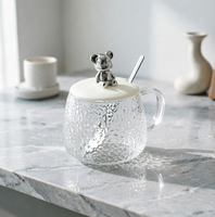 Tasse en verre martelé mignonne de 400 ml avec couvercle et poignée en forme d'ours argenté, écologique, résistante à l'ébullition, design classique pour café/thé, usage quotidien