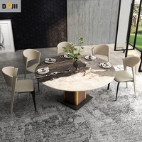 Îlot de cuisine haut de gamme turc, plateau en bois brut, base en aluminium et cuir, table ronde de salle à manger de 120 cm et chaises pour 4 personnes