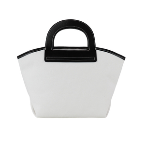 White <b>Canvas</b> Bucket Bag with Contrast Stitching and Dual PU Leather Straps Inner Zipper Pocket Ladies Casual <b>Shopper</b> Tote - Product Image 3
