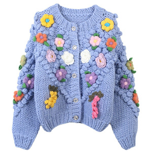 Suéteres de Moda Personalizados OEM/ODM, Suéteres <span class=keywords><strong>Vintage</strong></span> Divertidos Hechos a Mano con Flores, Suéteres Dulces para <span class=keywords><strong>Mujer</strong></span> con Cuello Redondo, Cierre de Botón, Manga Larga - Product Image 2
