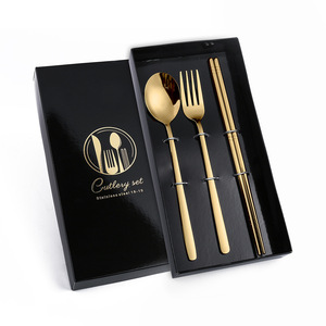 Thép không gỉ Tay cầm dài Hàn Quốc Canh Cháo Cơm Thìa Bộ đồ ăn Đũa Hộp quà tặng Kim loại bền Đồ dùng - Product Image 4