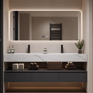Meuble-lavabo de salle de bain en acier inoxydable avec vasque intégrée, lavabo intelligent, couleur gris, miroir lumineux inclus, taille personnalisable - Product Image 1