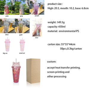 O269 Gelas Kartun Sequin Kreatif Twinkl Dinding Ganda untuk Kopi Teh Minuman Mug dengan Telinga Kucing Sedotan Plastik Sekali Pakai - Product Image 6