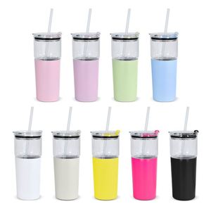 25oz Glass Tumbler & 15oz Stainless Steel <b>Cup</b> <b>Set</b> Double Wall Insulated Leakproof Lid Straw Modern Simple Drinkware - Product Image 5