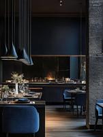 Banquette de restaurant en cuir et velours de luxe avec plateau en pierre durable et design intérieur moderne