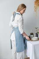 Tablier jetable en lin naturel bleu poussière avec poches, doux, couleur personnalisable, taille unique pour femmes et hommes, usage en restaurant