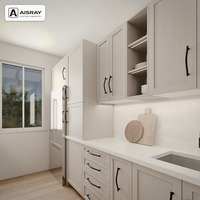 Meuble de cuisine Shaker en mélamine avec portes encadrées, aménagement en U, dimensions personnalisées, boîtes en panneaux de particules et rangement coulissant