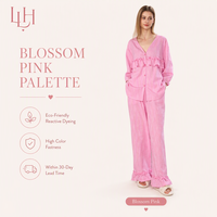 Set Loungewear Wanita dengan Kancing Depan, Kerah V, Bahan Katun 100% Bertekstur Slub, Label Pribadi Grosir, Dilengkapi Celana Lebar Berumbai