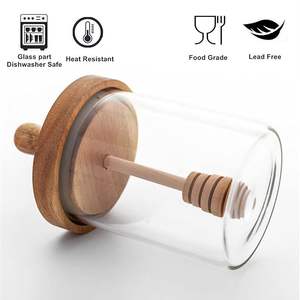 Tarro de miel transparente de diseño único con cuchara de madera, ideal para servir miel, té, café, uso en la cocina, disponible a buen precio. - Product Image 3