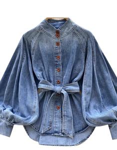 Nuova <span class=keywords><strong>camicia</strong></span> da <span class=keywords><strong>donna</strong></span> in Denim a maniche lunghe in vita autunnale con collo alto largo Casual Vintage - Product Image 5