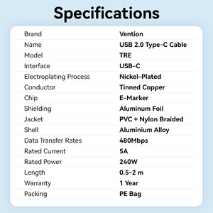 Cavo USB 2.0 <span class=keywords><strong>C</strong></span> a <span class=keywords><strong>C</strong></span> Vention 5A 100W, Cavo USB-<span class=keywords><strong>C</strong></span> Veloce per Telefono - Product Image 5