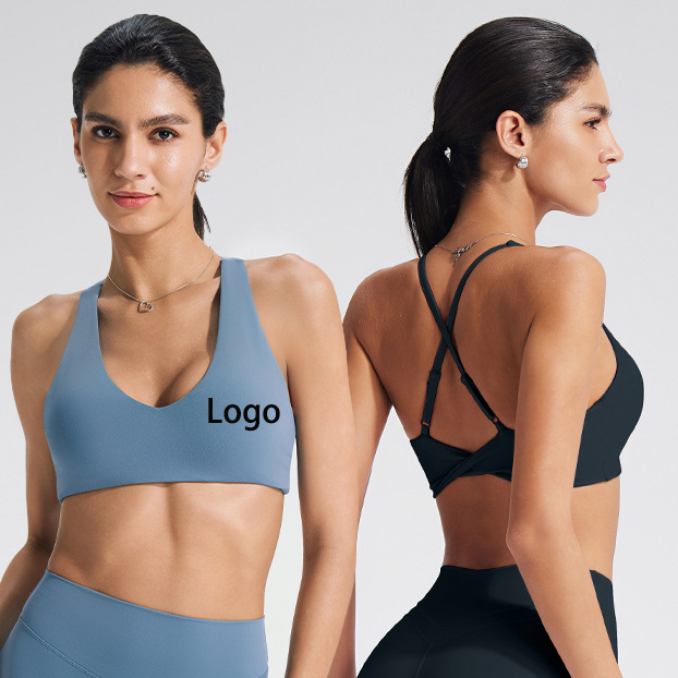 Custom Logo U-neck Cross Back Sports Bra for Women Yoga Pilates Shockproof Beauty Back Nude Feel Push-up Workout Gym Bra