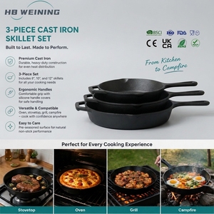 Ensemble de poêles en fonte - 8, 10 et 12 pouces - Pré-culottées - Compatibles four, cuisinière, barbecue, feu de camp, induction - Ustensiles de cuisson pour le camping - Product Image 1