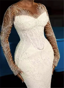 Vestido <span class=keywords><strong>de</strong></span> Novia <span class=keywords><strong>de</strong></span> Encaje Pesado con Cuentas, Estilo Sirena Árabe, Aso Ebi, con Mangas Largas Ilusión, para Jardín, Talla Grande - Product Image 2
