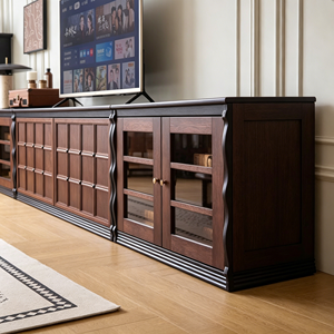 Meuble TV vintage en bois massif avec portes en verre, console multimédia rétro pour salon - Product Image 4