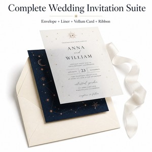 Ensemble d'invitations de <span class=keywords><strong>mariage</strong></span> élégant Ciel Étoilé, avec estampage à chaud de luxe, motif croissant de lune, doublure bleu marine et carte en vélin translucide - Product Image 4