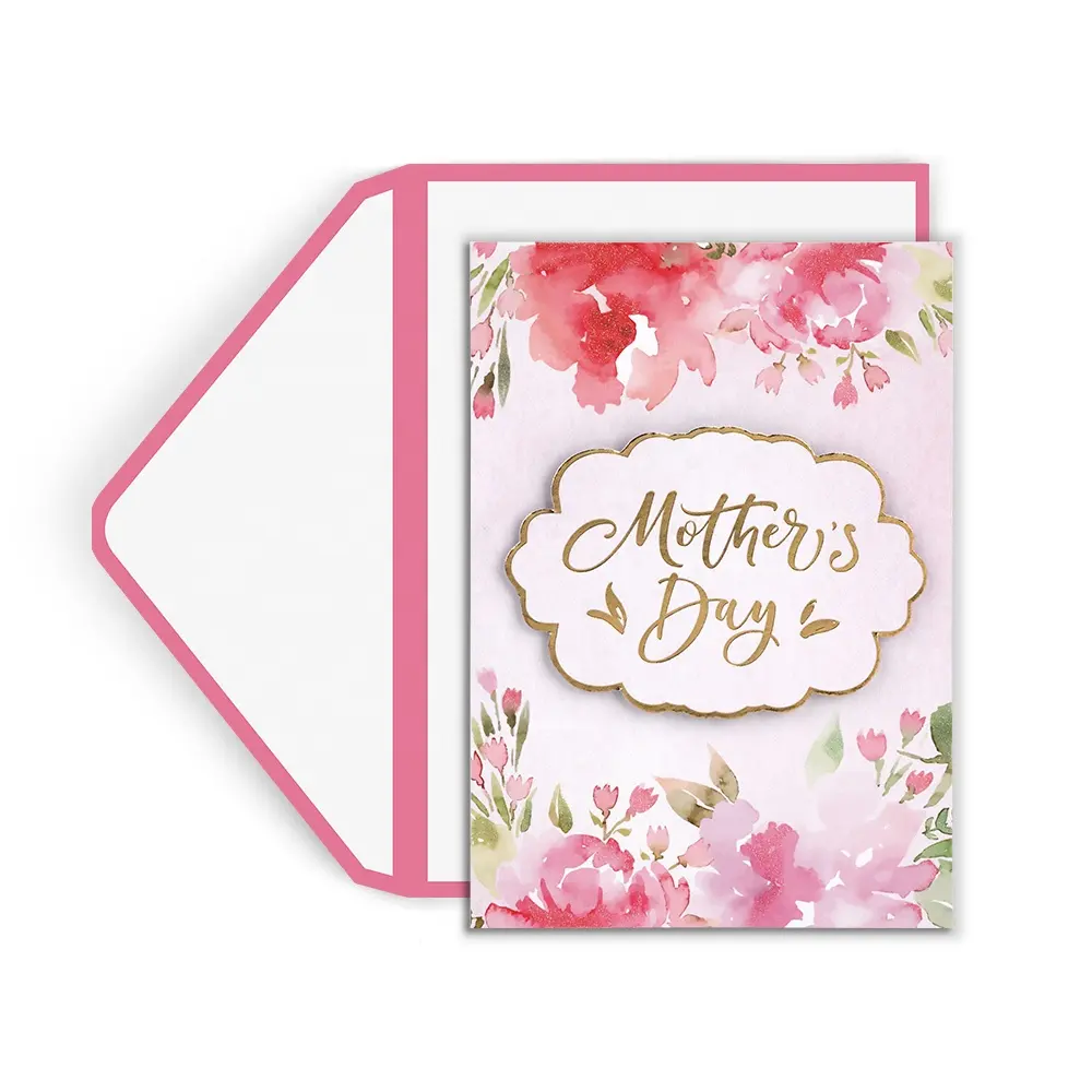 Cartão de visita, elegante flor feliz dia das mães cartão do dia impressão personalizada folha de ouro rosa de papel dobrado artesanal cartões de saudação com envelopes atacado