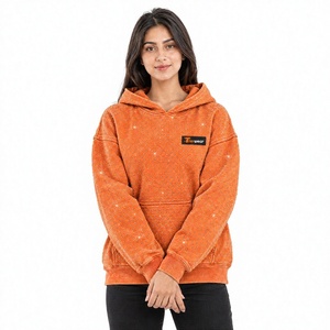 Tiierwear Women's <b>Orange</b> Oversized acid washed <b>Hoodie</b> Fleece With rhinestone Front Logo Pocket Regular Fit Autumn Wear - Product Image 1
