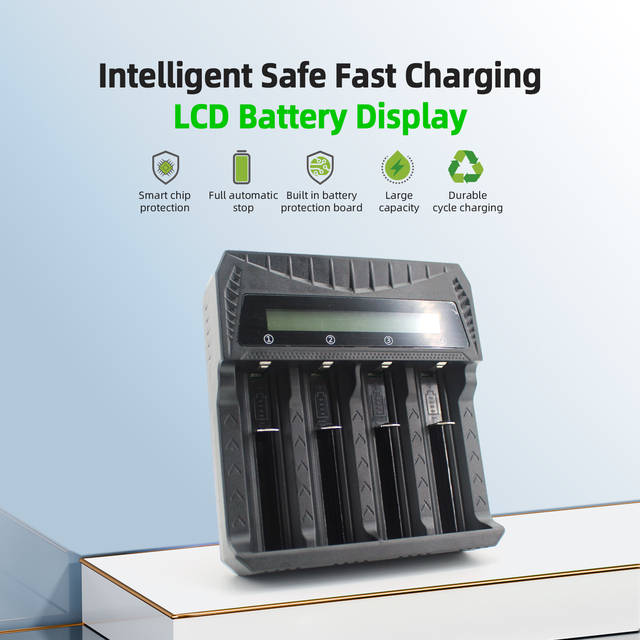 PUJIMAX 4-Slots Smart LCD 3.7v Lithium Battery Charger with Reverse Charging Protection for 26650 21700 18650 16340 14500 AA AAA