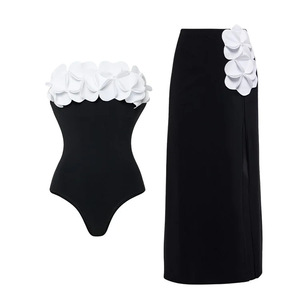 2026 Women 2 Piece <b>Swimsuit</b> Set <b>Strapless</b> Bandeau Monokini With 3D Flower and Side Slit Long Cover Up Skirt Wholesale Beachwear - Product Image 1