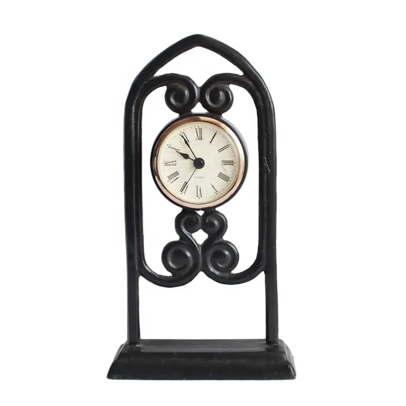 Ferro fundido preto metal relógio de mesa em design clássico, simplesmente preto mesa relógio
