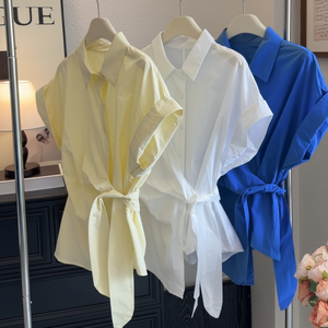 Camicetta da donna attillata in vita attillata in cotone estivo 2025 top a maniche corte con colletto attorcigliato stile ampio - Product Image 1