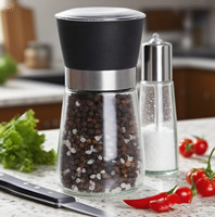 180ml 6OZ Offre Spéciale personnalisé Mini cuisine épices sel poivre moulin en acier inoxydable verre réglable couvercle noir bouchon à vis