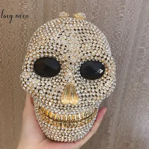 Halloween Skull Head Shape Metal Wedding Party New Design Rhinestone Crystal Bling Golden Evening Bag NE772
