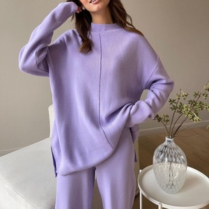 Ensemble pull et pantalon à col haut pour femme, tricoté, couleur unie, coupe ample, automne-hiver, élégant, pour le quotidien, camel, SMLXL - Product Image 2