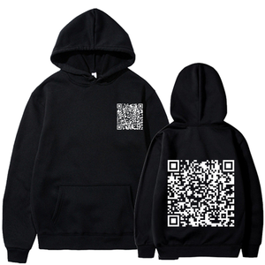 Sweat-shirt noir à capuche avec impression de code QR devant et derrière, 100% coton tricoté, décontracté pour femme, coupe classique, manches longues - Product Image 1