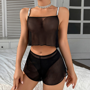 Conjunto de Lencería Sexy y Erótica de Malla Transparente Plateada Brillante con Tirantes, Sujetador y Bragas de Color Sólido con Shorts - Product Image 1