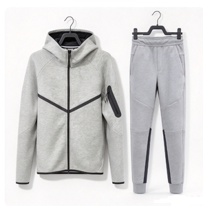 Conjunto deportivo de 2 piezas para hombre con capucha, color sólido, chaqueta con cremallera y mangas raglán, y pantalones largos de secado rápido de 320g - Product Image 2
