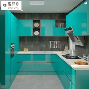 SUOFEIYA-modulador acrílico de alto brillo, diseño de cocina, laca azul, armario de cocina, hecho en China