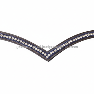 สายรัดคิ้วลายม้าแบบลึกหนังอังกฤษสีดำหรือน้ำตาลช่องเปล่าฝังคริสตัลสีฟ้าและสีเงินประดับเพชรดีไซน์ล่าสุด - Product Image 1