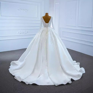 Wedding Dress Ball Gown V Neck Long Sleeves Satin White Plus Size With Pearls Handmade Vintage Style - Product Image 4