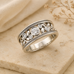 Anello con Design Floreale a Fascia Larga, Stile Barocco Vintage per Donne - Product Image 6