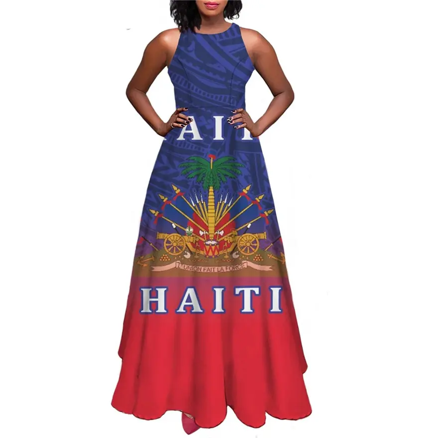 Haitianische sexy Kleider lange elegante ärmellose benutzer definierte Kleid Hersteller kleine Bestellungen Haiti Flagge Maxi kleid