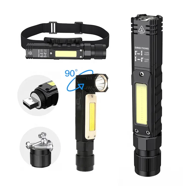 USB Rechargeable Magnetic Base Cob LED Mini Work Light Multi Function Headlamp Torch Portable 90 Rotation 360 Degree Flashlights