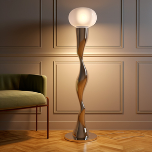 Lampadaire contemporain avec base en métal ondulé et abat-jour rond en verre, lumière blanc chaud doux pour usage résidentiel - Product Image 6