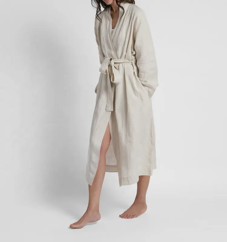 Nachhaltiger Großhandel Winter Sexy Frauen Schlaf Blank Grau Bad Leinen Kimono Robe