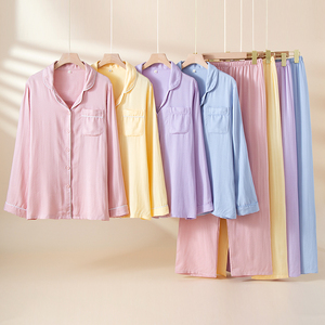Set <span class=keywords><strong>Pigiama</strong></span> da <span class=keywords><strong>Donna</strong></span> in Fibra di Bambù, Maniche Lunghe, Colletto con <span class=keywords><strong>Bottoni</strong></span>, Disponibile in Diversi Colori Solidi, per Tutte le Stagioni - Product Image 1