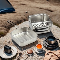 Ensemble de cuisine de camping en acier inoxydable pour la cuisine en plein air, léger, 1,1 L, pliable, portable, carré, pique-nique EVCH--004S