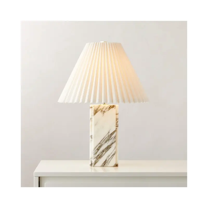 SHIHUI pierre naturelle marbre décoration italien Arabescato Bianca pied de lampe de table en marbre blanc avec abat-jour en lin ivoire plissé