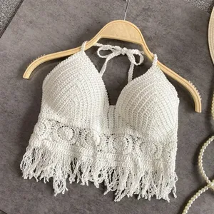Completo 2 Pezzi: Top Canotta Sexy Boho da Spiaggia in Chiffon Lavorato a Maglia all'Uncinetto <span class=keywords><strong>con</strong></span> Nappe e Scollo all'Americana, Stile Bralette Senza Schienale - Product Image 3