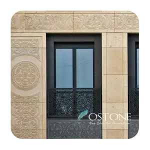 Art Flower Design Yellow Limestone Carved Stone Wall Reliefs For Building Exterior Wall