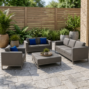 Modern Outdoor <b>Sofa</b> <b>Set</b> Gray Fabric <b>Cushion</b> Back Metal Legs Courtyard Sectional Furniture - Product Image 1